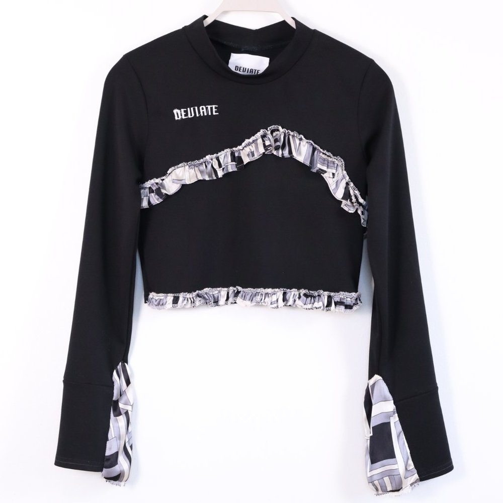 Black Ruffled Mock Neck Crop Top with Embroidery - SMALL